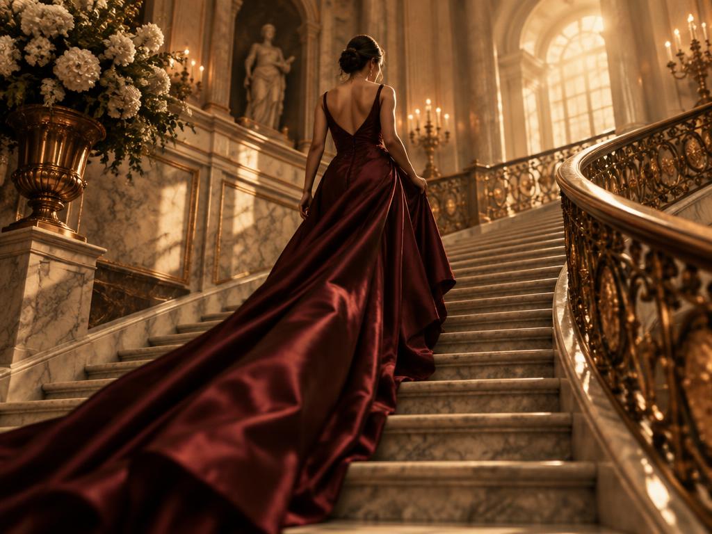 Woman in a burgundy gown ascending a grand marble staircase